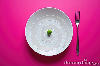 An image that conveys minimalism and restraint, showcasing a lone green pea placed artfully on a white plate against a Stock Photo