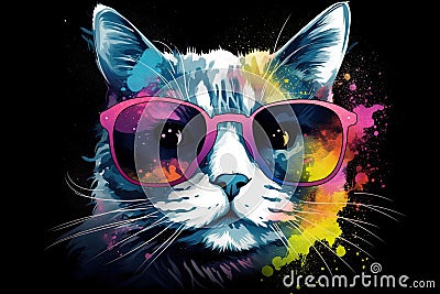 cat in sunglasses realistic with paint splatter abstract Generative AI Stock Photo