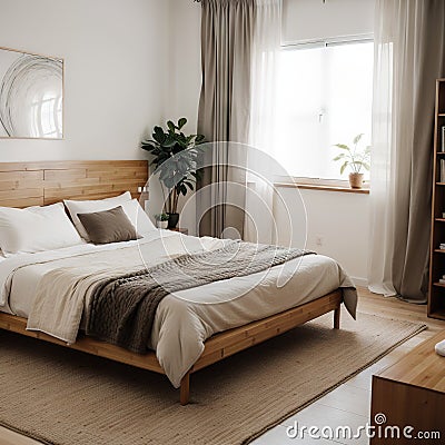 Cosy wooden peaceful bedroom in dark tones double bed with pillows and blankets ceramic tiles floor carpet poufs shelves and Stock Photo