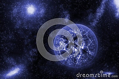 Image of crashing, exploding planet in deep space, universe with star field background. Computer generated abstract background. Stock Photo