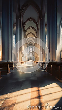 Image created from AI, Beautiful of the interior of the cathedral,Gothic style,ancient Europe Stock Photo