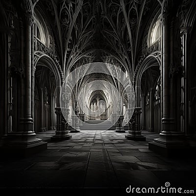 Image created from AI, Beautiful pictures of the interior of the cathedral, Gothic style, ancient Europe, dark stone castle, Stock Photo