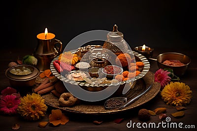 Beautifully decorated Pooja Thali for diwali worship celebration, having Indian sweets, lamp, flower. ai generative Stock Photo