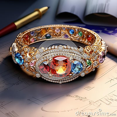 Image created from AI, Picture of a bangle jewelry design with colorful gemstones such as rubies, sapphires. Stock Photo