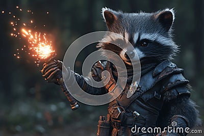 The image is created using generative AI and shows a powerful raccoon wizard using dark magic Stock Photo