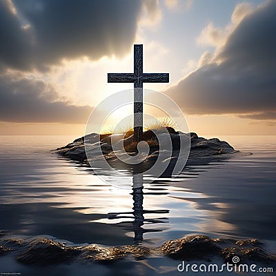image of a cross incorporated into a tranquil seascape trending on artstation Stock Photo