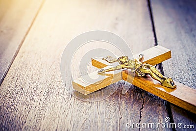 image of crucifix of Jesus Christ on wooden background, Stock Photo