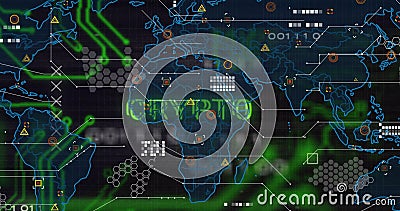 Image of crypto text and digital data processing over world map on black background Stock Photo