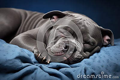 Image of cute american bully dog lying on sleeping cushion. Pet. Animals. Stock Photo