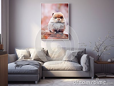 picture of a cute animal on the wall above a piece of furniture in a living room Stock Photo