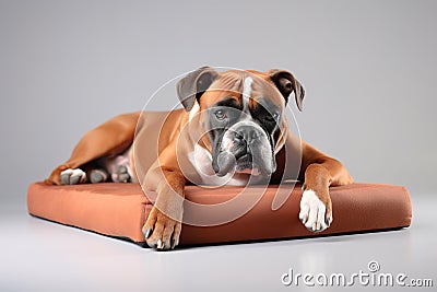 Image of cute boxer dog lying on sleeping cushion. Pet. Animals. Stock Photo