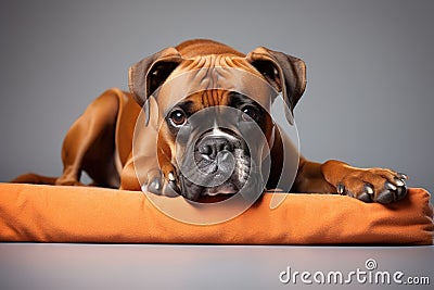 Image of cute boxer dog lying on sleeping cushion. Pet. Animals Stock Photo