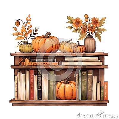 Cute watercolor autumn books shelf, illustration Cartoon Illustration