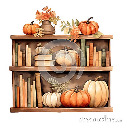 Cute watercolor autumn books shelf, illustration Cartoon Illustration