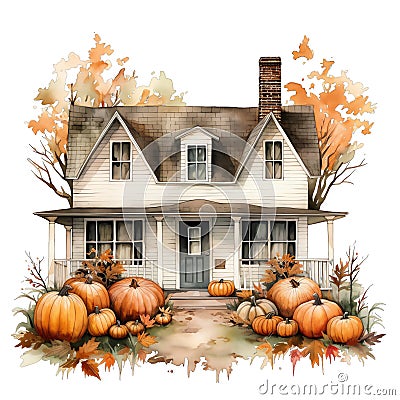 Cute watercolor cottage house with pupmkins , halloween time, fall autumn house, illustration Cartoon Illustration