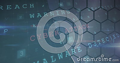 Image of cyberattack warning text and numbers changing over hexagons Stock Photo