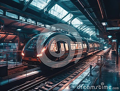 Cyberpunk train station with futuristic trains Stock Photo