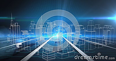 Image of 3d model of city spinning on glowing blue background Stock Photo