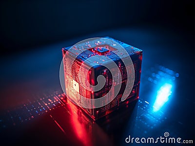 3d rendered cube of binary data glowing with red color on computer circuit board, digital cube encoder technology, generative AI Stock Photo