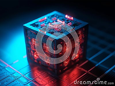 3d rendered cube of binary data glowing with red color on computer circuit board, digital cube encoder technology, generative AI Stock Photo
