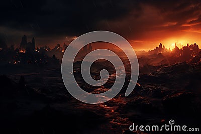 an image of a dark and stormy night with lava and rocks Stock Photo