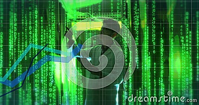 Image of data processing and binary coding over asian technician and computer servers Stock Photo