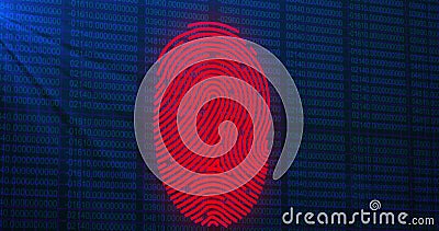 Image of data processing and fingerprint over binary code on navy background Stock Photo