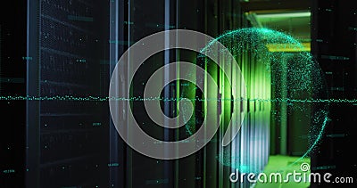 Image of data processing and globe over green lights of computer server Stock Photo