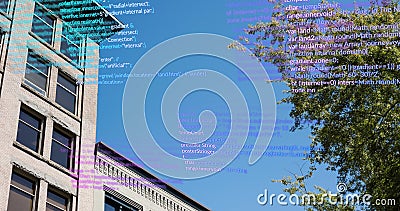 Image of data processing over building, tree and sky Stock Photo