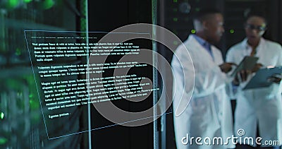 Image of data processing over diverse scientists wearing lab coats using tablet Stock Photo