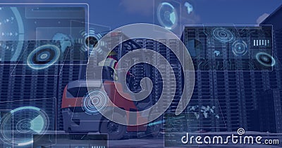 Image of data processing with scope scanning over caucasian worker in warehouse Stock Photo