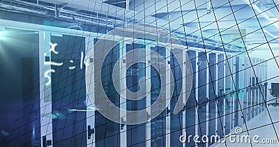 Image of data processing and stagflation text over server room Stock Photo