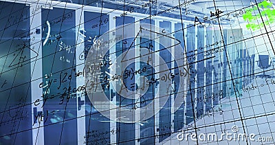 Image of data processing and stagflation text over server room Stock Photo