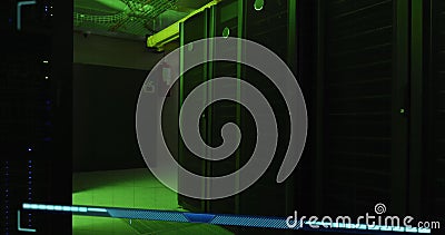 Image of data processing and text over green lights of computer server Stock Photo