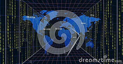 Image of data processing and world map over digital tunnel Stock Photo