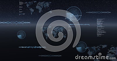 Image of data processing, world maps and statistics recording over universe Stock Photo