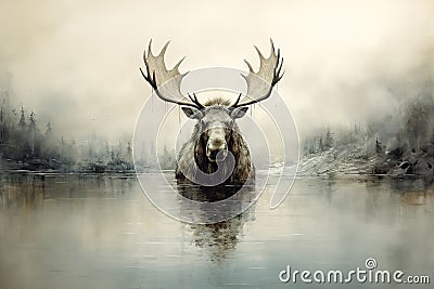 Image of a deer moose in the pond in the forest with a scary atmosphere, Wildlife Animals., Generative AI, Illustration Stock Photo