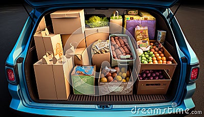 Doorstep Delivery: Trunk of Car Loaded with Fresh Food Products - ai generated Stock Photo
