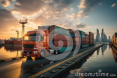 An image depicting logistics with a container truck, ship in port, and airplane for import,export industry.by Generative Stock Photo