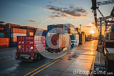 An image depicting logistics with a container truck, ship in port, and airplane for import,export industry.by Generative Stock Photo