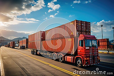 An image depicting logistics with a container truck, ship in port, and airplane for import,export industry.by Generative Stock Photo