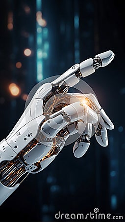 Robot hand with glowing fingertip Generative AI Stock Photo