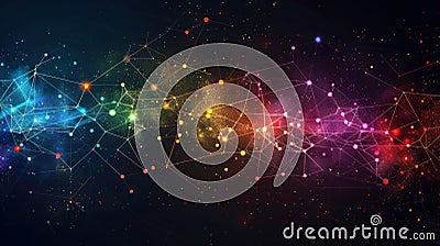 The image depicts an abstract digital network with neon lines and dots, creating an impression of global interaction Stock Photo