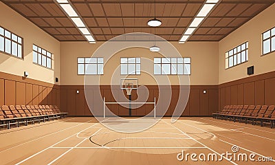 basketball court with hoop and backboard, surrounded by wooden bleachers and high ceiling with recessed Stock Photo