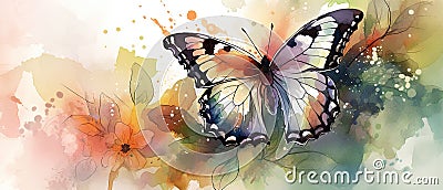 A colorful butterfly with a watercolor garden background Stock Photo