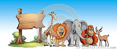 Wild animals cartoon set with wooden sign Stock Photo