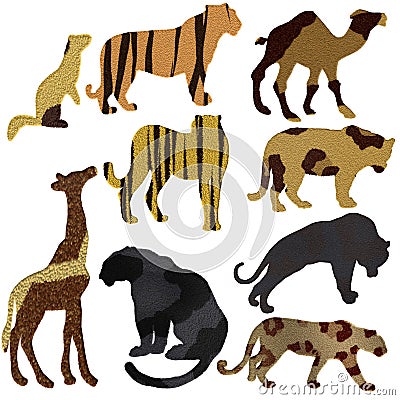 Background collection set of animals panther tiger camel giraffe in silhouette with fur texture Stock Photo