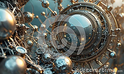 complex metallic structure with interlocking gears and spheres, creating sense depth and movement. Stock Photo