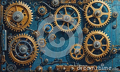 complex mechanical system features collection gears and cogs in various sizes and colors, arranged in Stock Photo