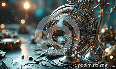 close-up view complex, metallic device with circular window, surrounded by intricate gears and components, Stock Photo